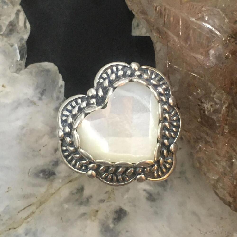 Carolyn Pollack Sterling Faceted Mother of Pearl Decorated Heart Ring Size 6.5